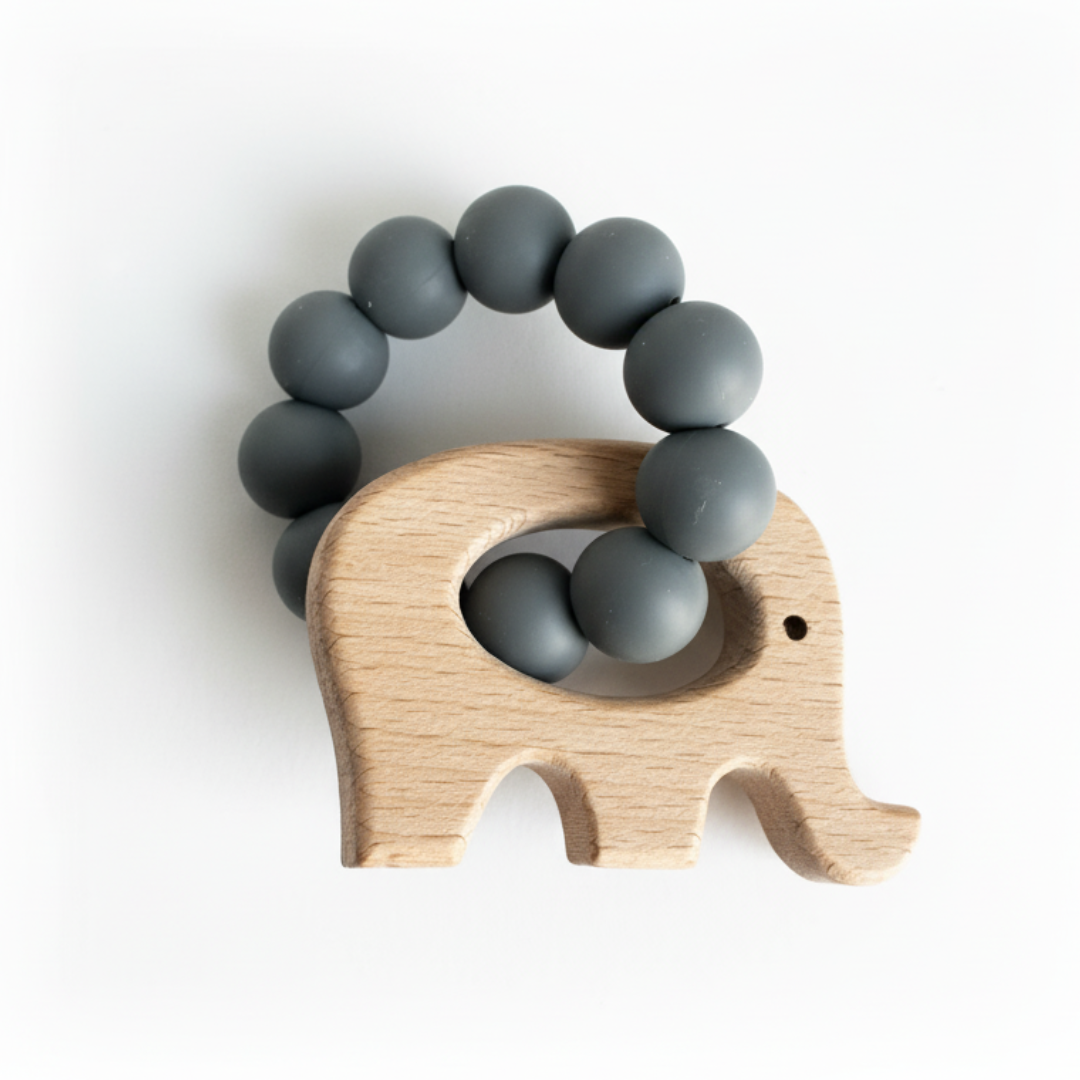 Gray Elephant Silicone & Beechwood Teether