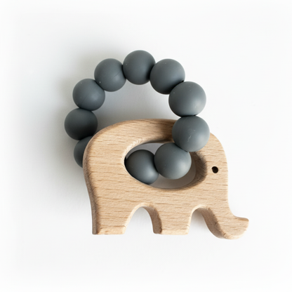 Gray Elephant Silicone & Beechwood Teether